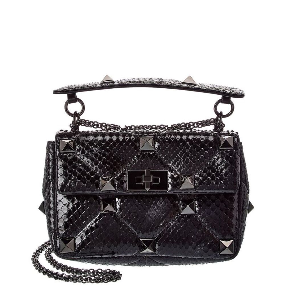 Valentino Roman Stud Medium Python Shoulder Bag, Black